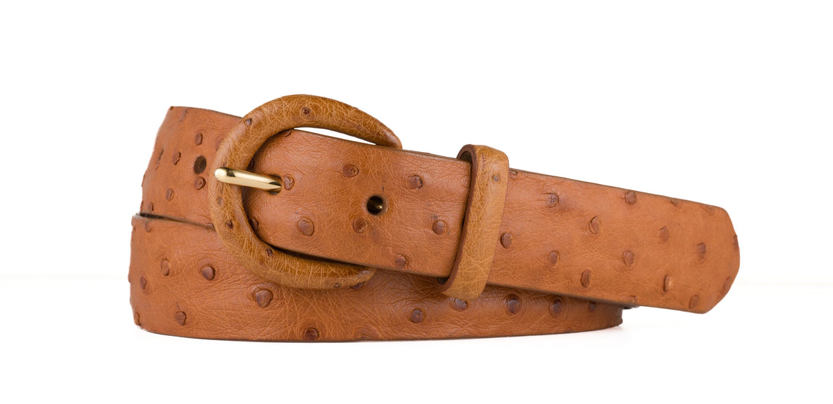 Ostrich Belt with Covered Buckle - Brandy