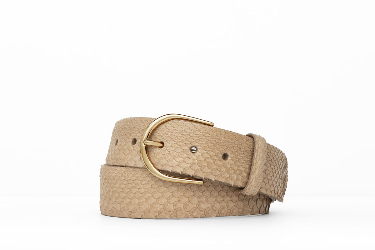 Python Belt with Brushed Gold Buckle - Matte Taupe