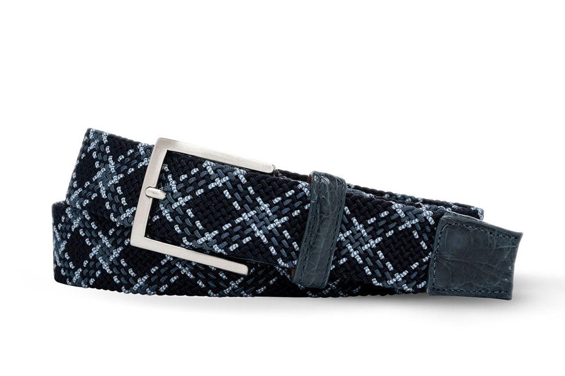 Pacific Plaid Stretch Belt with Croc Tabs and Brushed Nickel Buckle