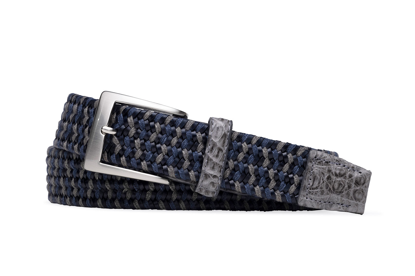 with Nickel Buckl Brushed Stretch Croc Leather Belt and Tabs Mix Denim