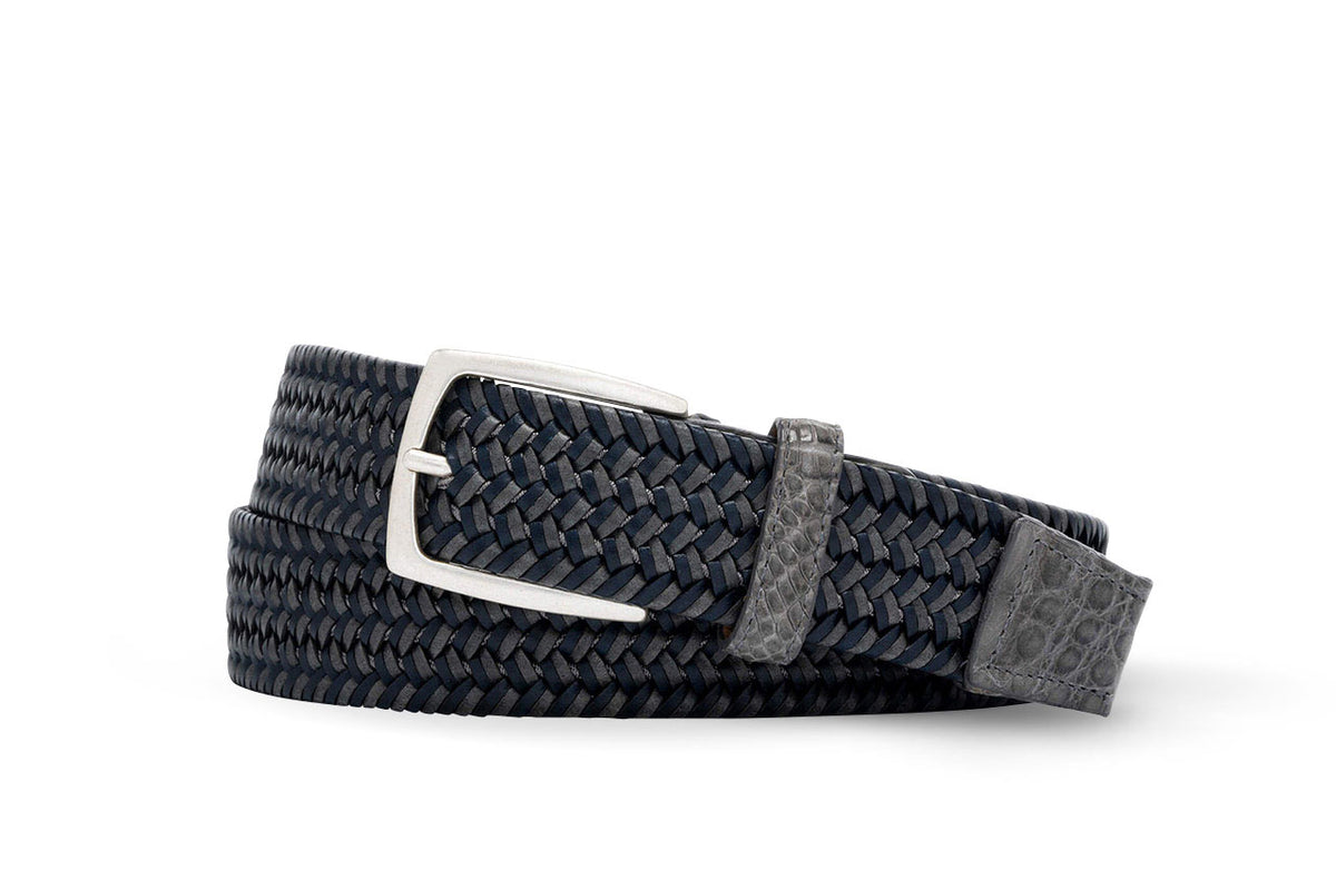 Slate Leather Stretch Belt with Croc Tabs and Silver Buckle