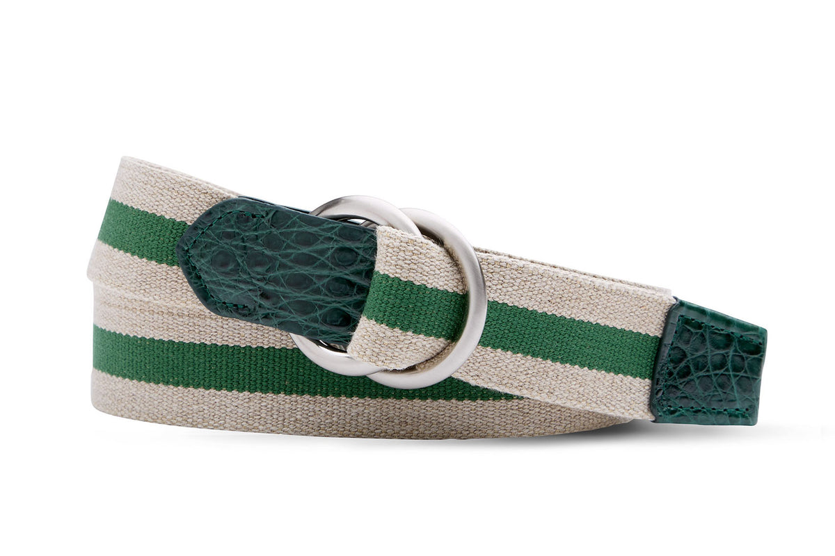 Striped Linen Stretch Belt with Croc Tabs and O-Ring Buckles