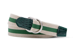 Striped Linen Stretch Belt with Croc Tabs and Brushed Nickel O-Ring Buckles