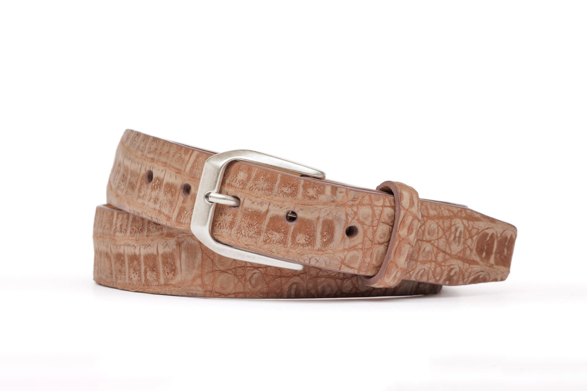 Nubuck Crocodile Belt with Antique Silver Buckle - Cognac
