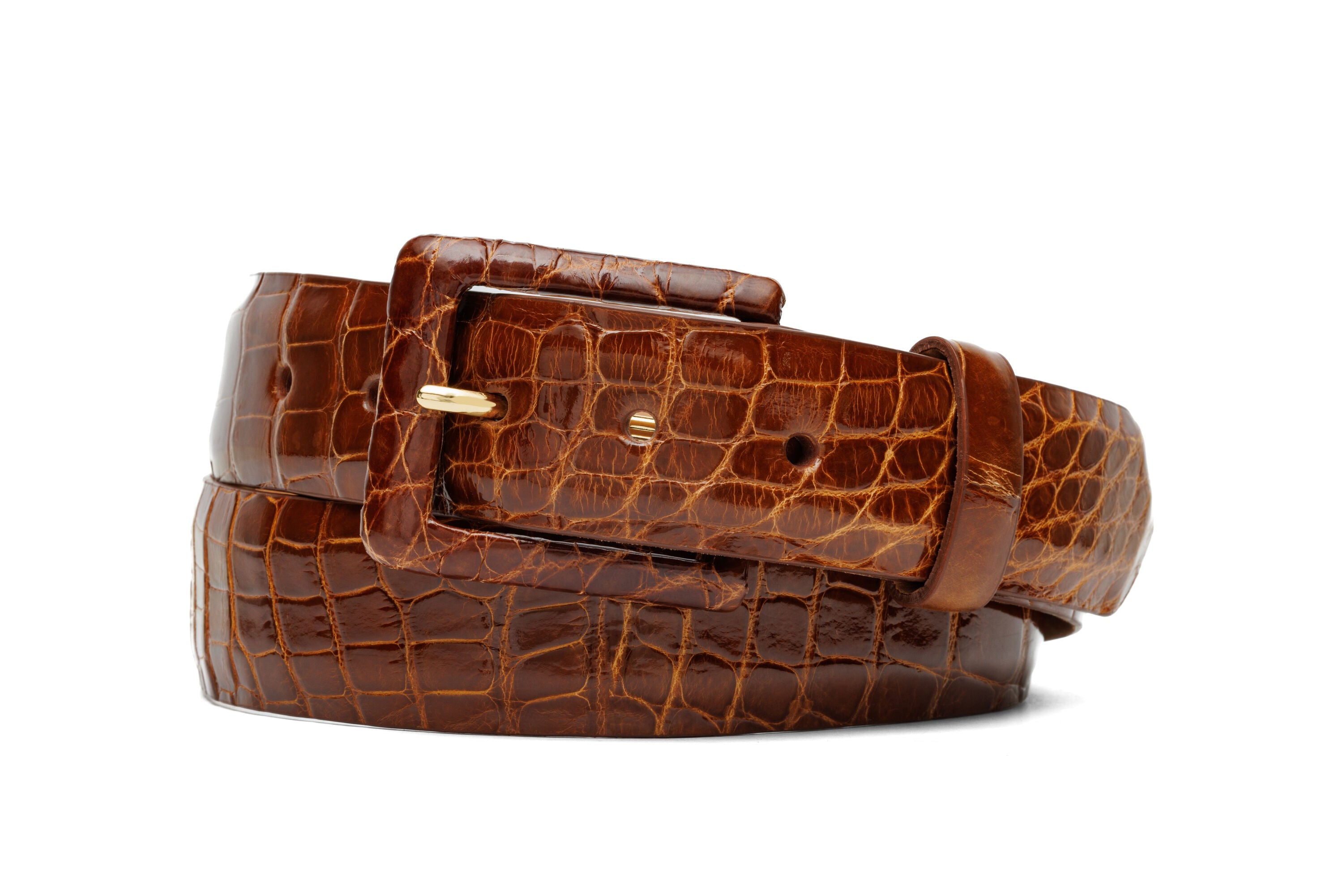 Glazed Alligator Belt with Covered Buckle - Cognac