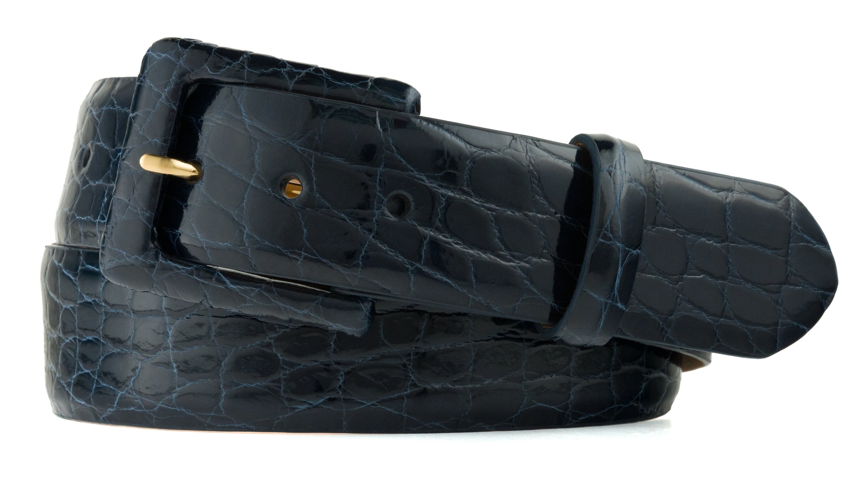 Glazed Alligator Belt with Covered Buckle - Navy