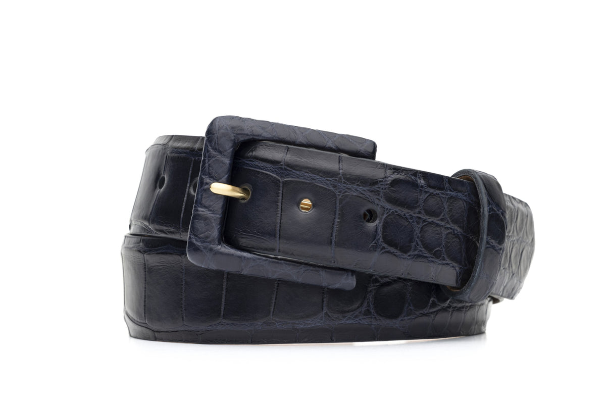 Matte Alligator Belt with Covered Buckle - Navy