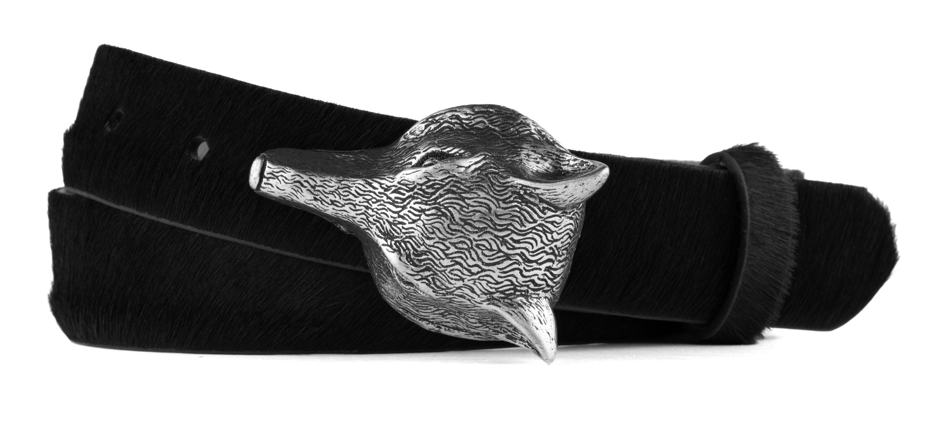 Calf Hair Belt with Antique Silver Fox Buckle - Black