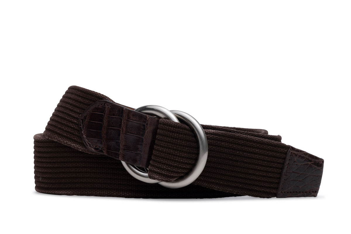 Striped Woven Belt with Crocodile Tabs and Brushed Nickel O-Rings