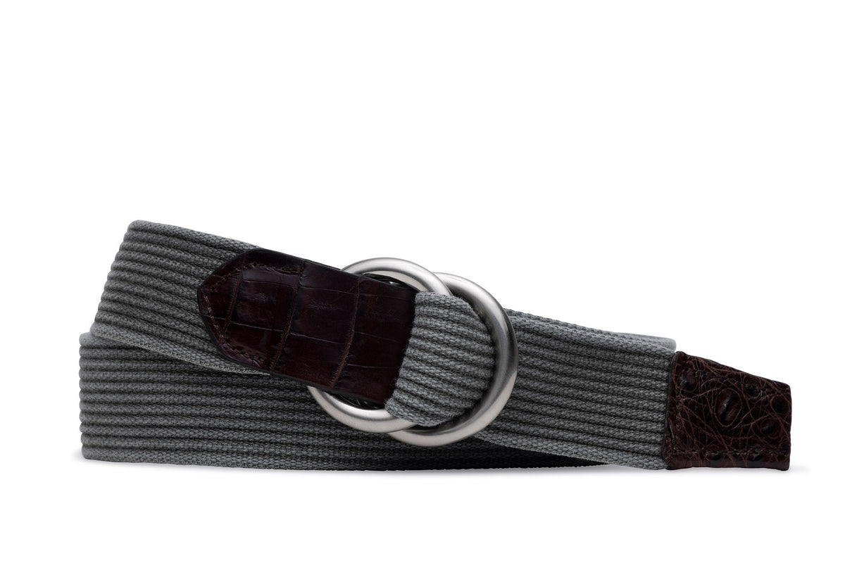 Striped Woven Belt with Crocodile Tabs and Brushed Nickel O-Rings