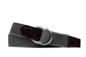 Striped Woven Belt with Crocodile Tabs and Brushed Nickel O-Rings