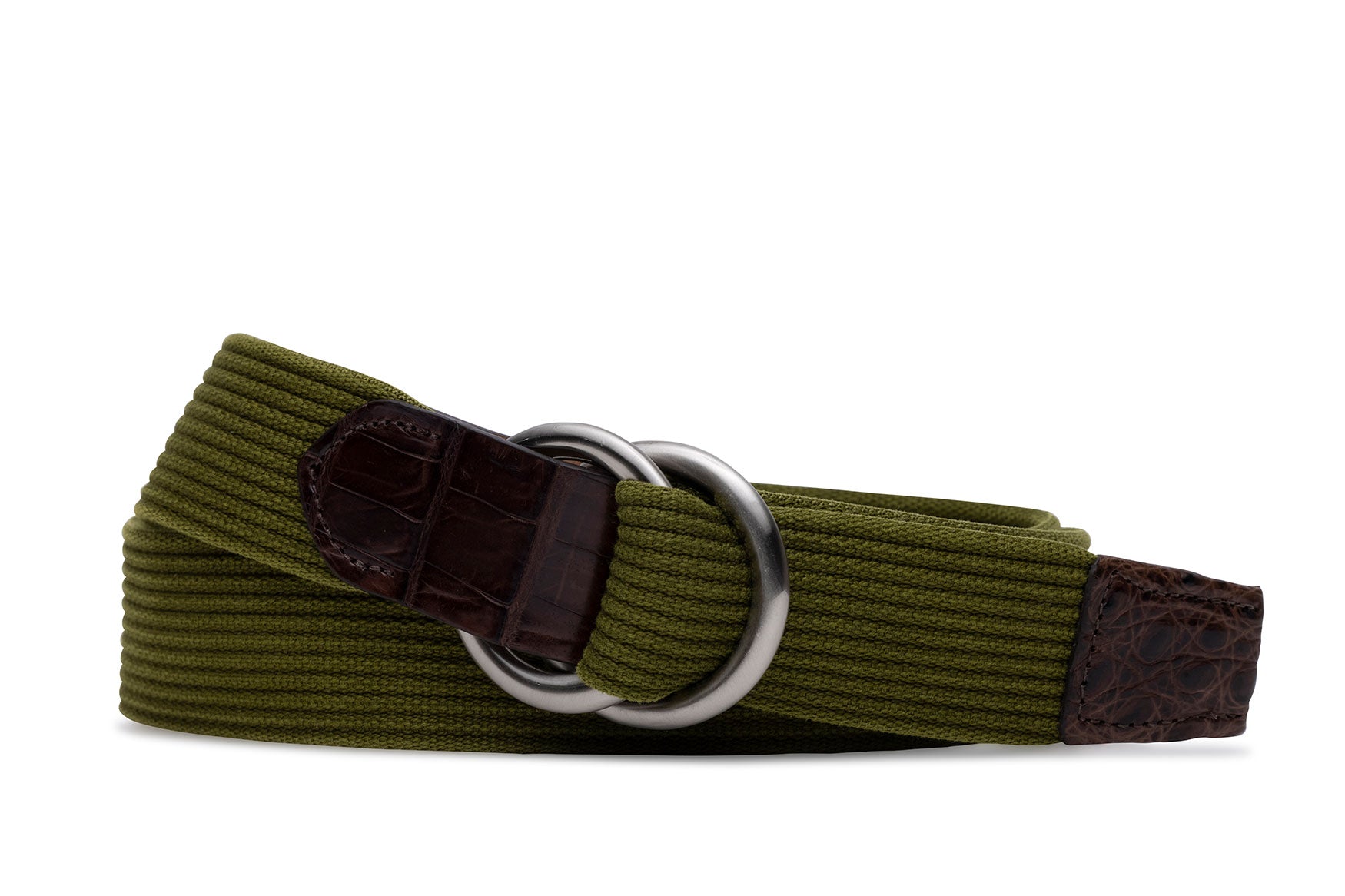 Striped Woven Belt with Crocodile Tabs and Brushed Nickel O-Rings