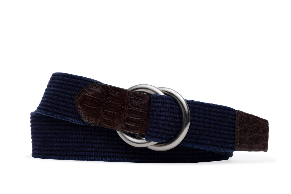 Striped Woven Belt with Crocodile Tabs and Brushed Nickel O-Rings