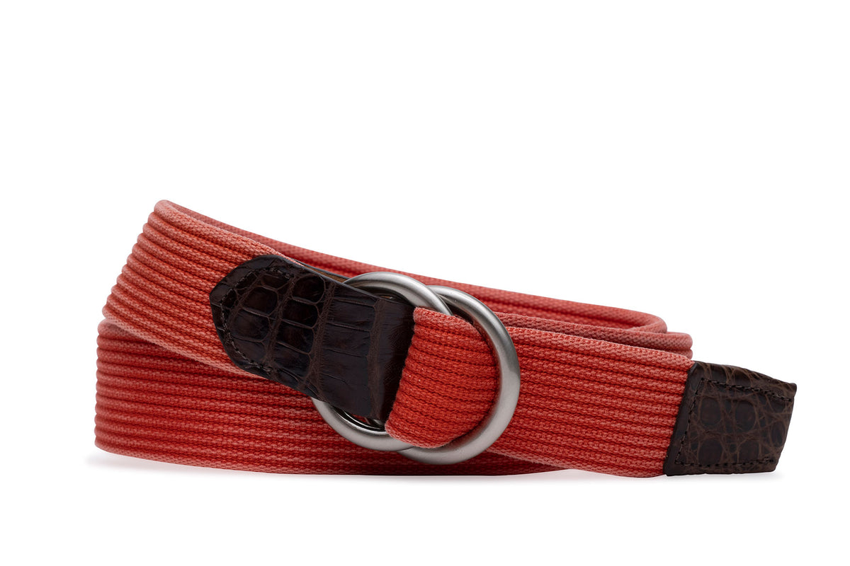 Striped Woven Belt with Crocodile Tabs and Brushed Nickel O-Rings