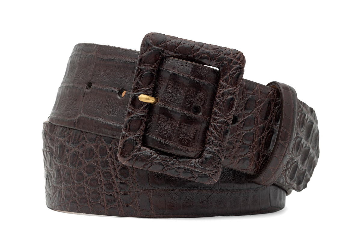 Wide Matte Caiman Crocodile Belt with Covered Buckle