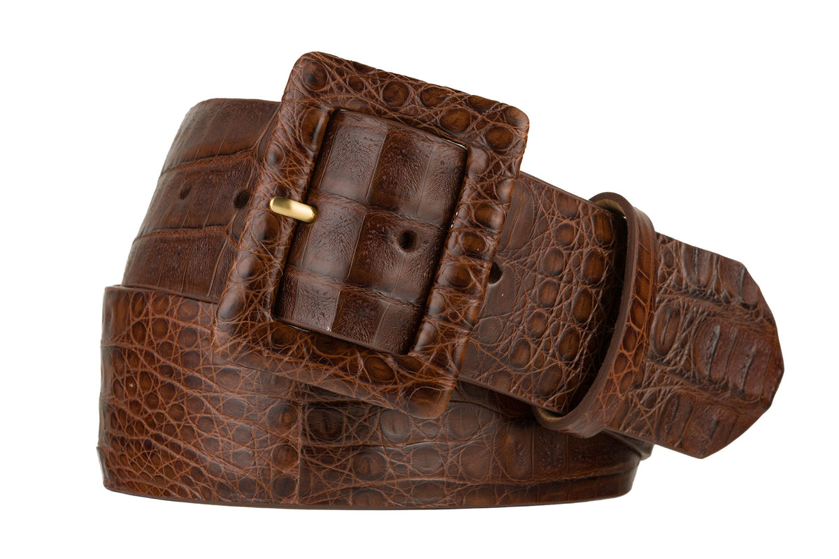 Wide Matte Caiman Crocodile Belt with Covered Buckle