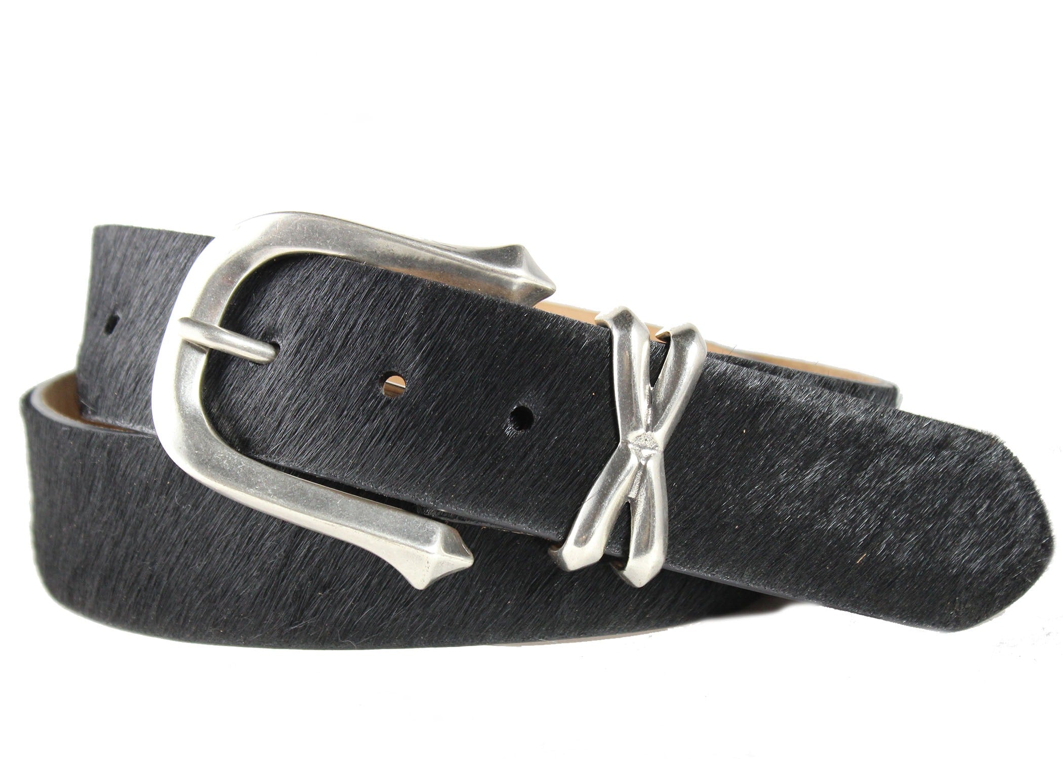 Calf Hair Belt with Antique Nickel Buckle and Keeper Set - Black