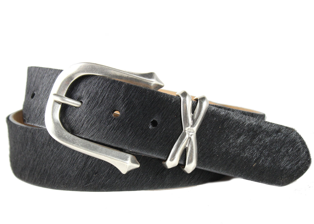 Calf Hair Belt with Antique Nickel Buckle and Keeper Set - Black