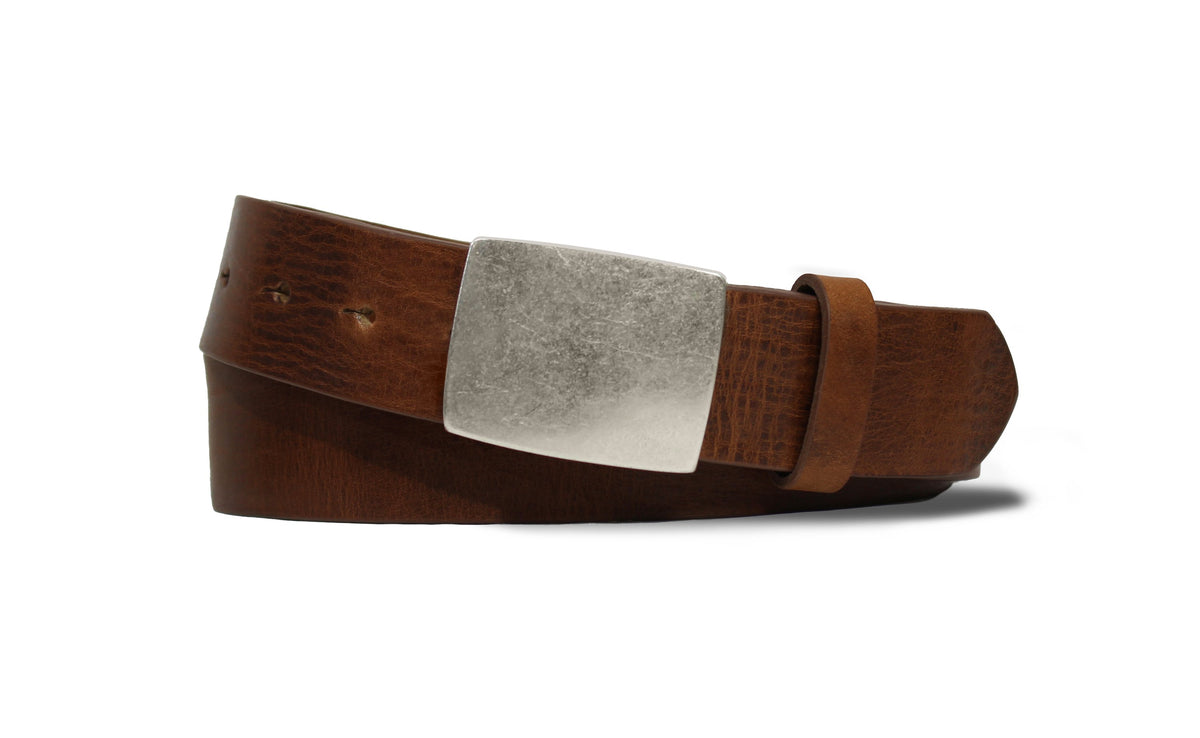 Sicily Calf Belt with Antique Nickel Plaque Buckle - Chestnut