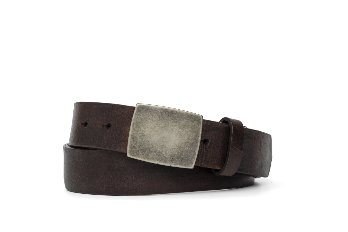 Sicily Calf Belt with Antique Nickel Plaque Buckle - Chocolate