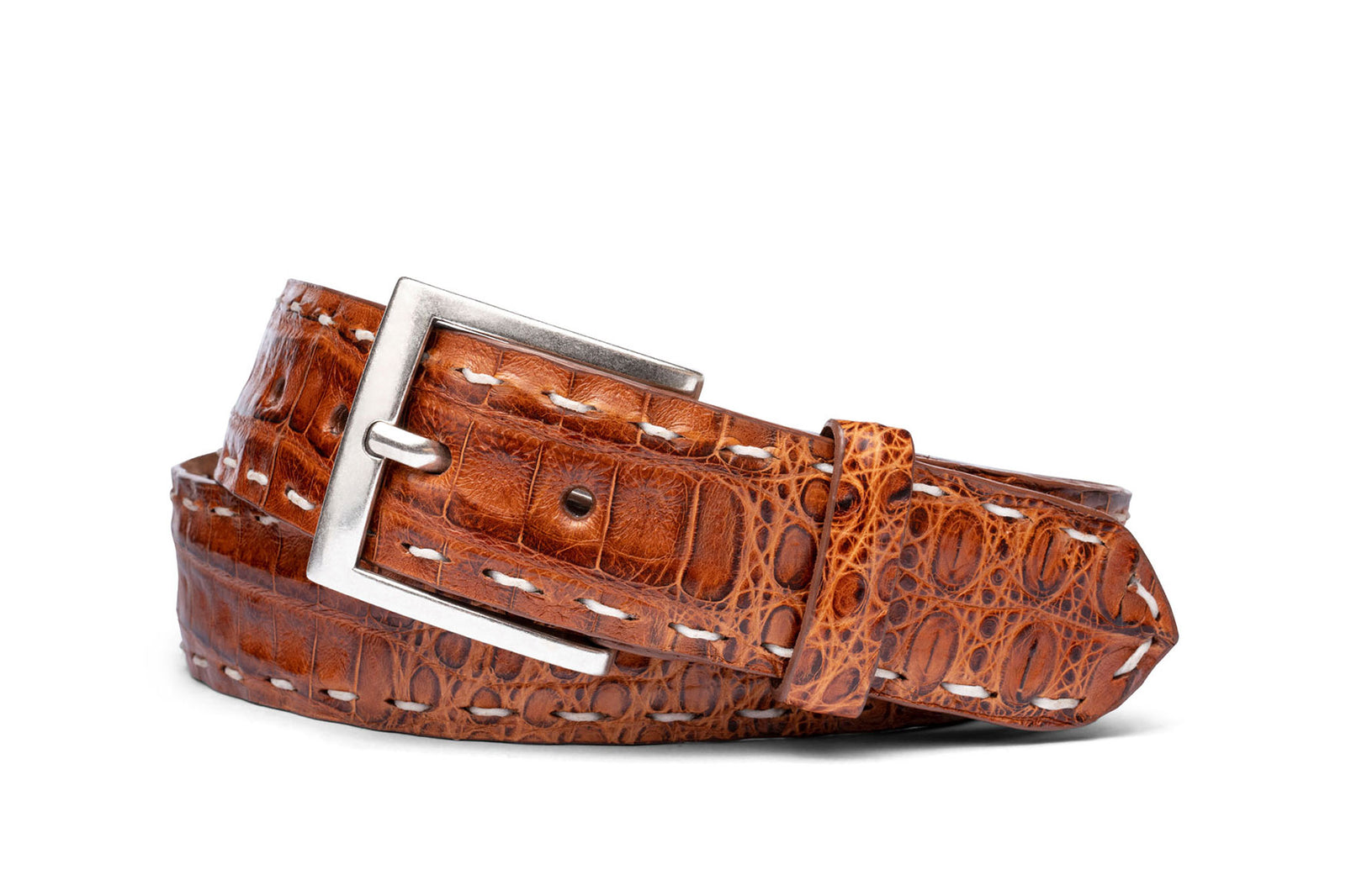 Matte Caiman Crocodile Belt with Off-White Straight Stitch and Antique Nickel Buckle