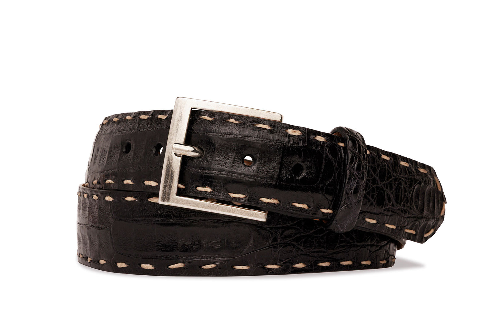 Matte Caiman Crocodile Belt with Off-White Straight Stitch and Antique Nickel Buckle