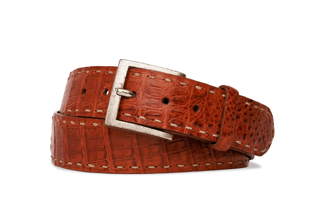 Matte Caiman Crocodile Belt with Off-White Straight Stitch and Antique Nickel Buckle