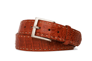 Matte Caiman Crocodile Belt with Off-White Straight Stitch and Antique Nickel Buckle