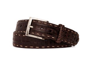 Matte Caiman Crocodile Belt with Off-White Straight Stitch and Antique Nickel Buckle