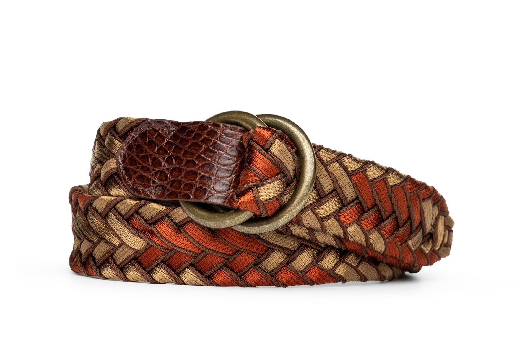 ♥️ BOHO Woven Belt with Brass Ring - Red & Tan Pattern Vintage Oxblood Red Woven Leather Belt | Brass Buckle, Boho  main image 2