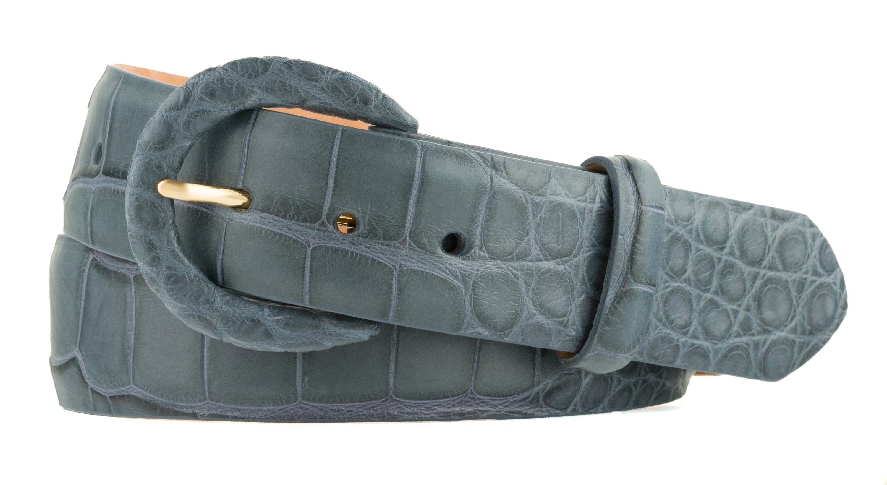 1-1/2" Matte Alligator Belt with Covered Crescent Buckle - Blue Jean