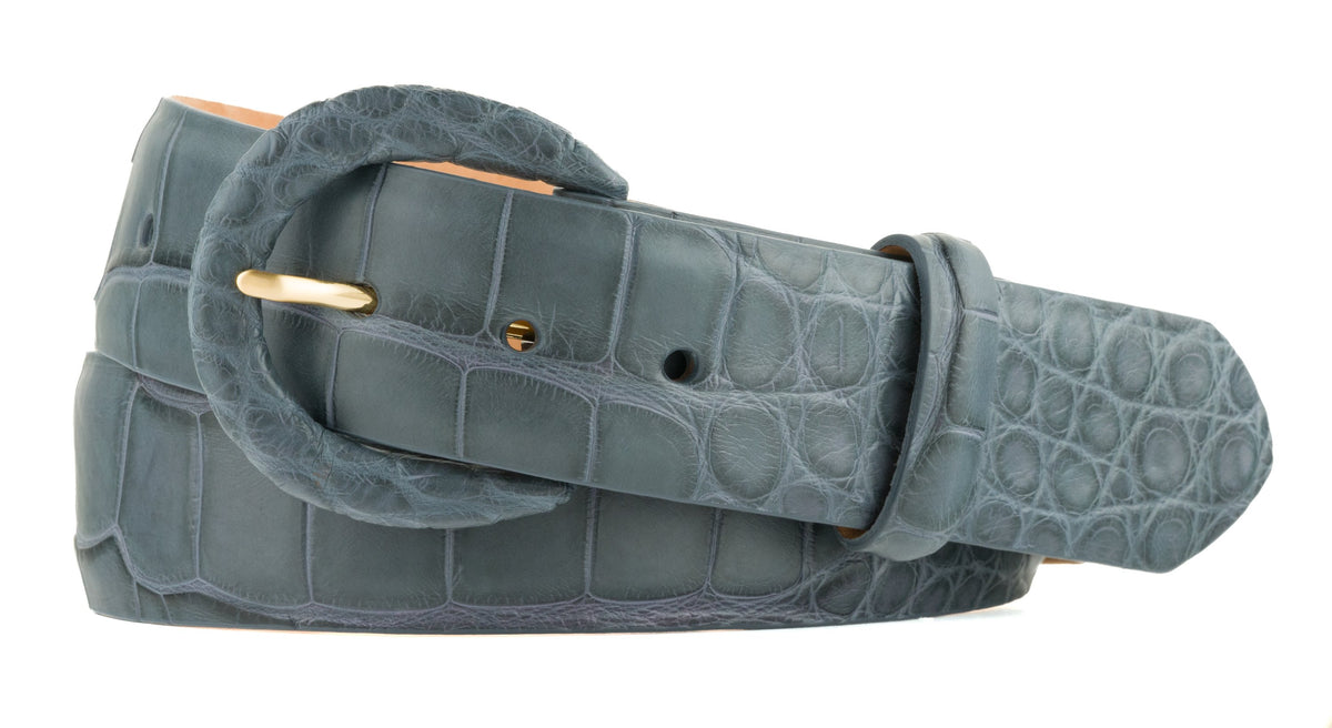 1-1/2" Matte Alligator Belt with Covered Crescent Buckle - Blue Jean