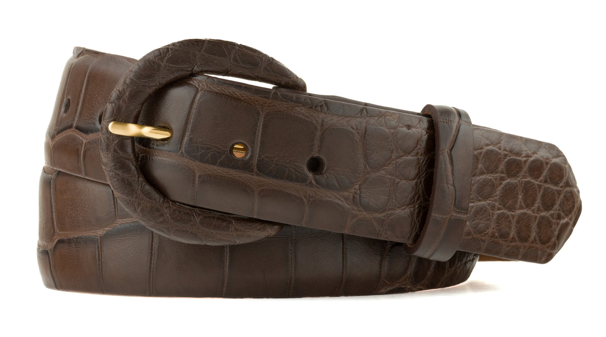 1-1/2" Matte Alligator Belt with Covered Crescent Buckle - Chocolate