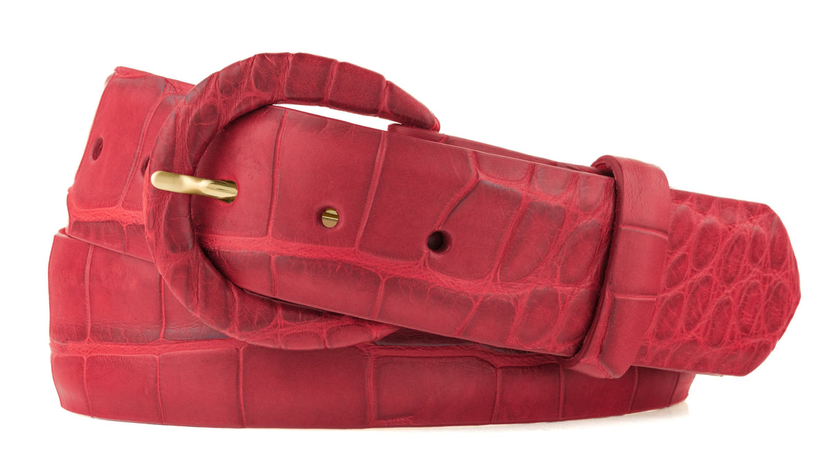 1-1/2" Matte Alligator Belt with Covered Crescent Buckle - Red