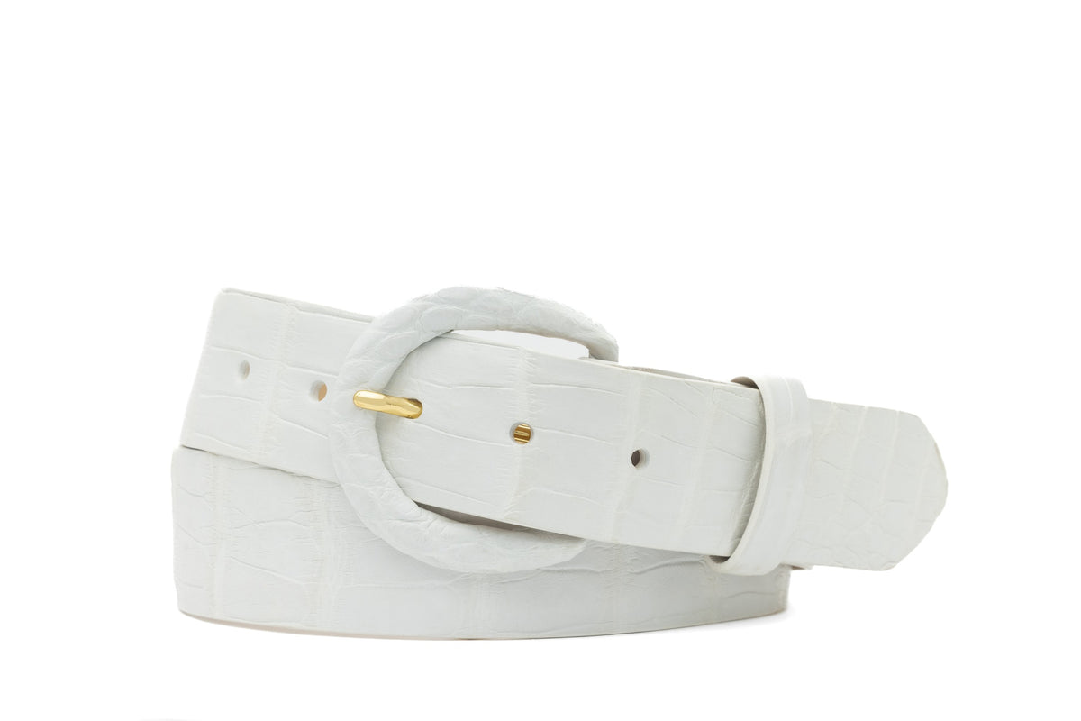 1-1/2" Matte Alligator Belt with Covered Crescent Buckle - White