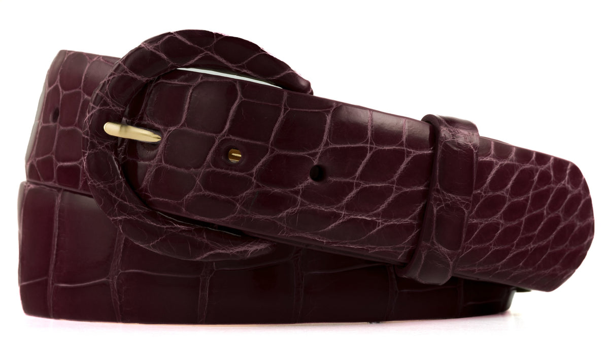 1-1/2" Glazed Alligator Belt with Covered Crescent Buckle - Burgundy