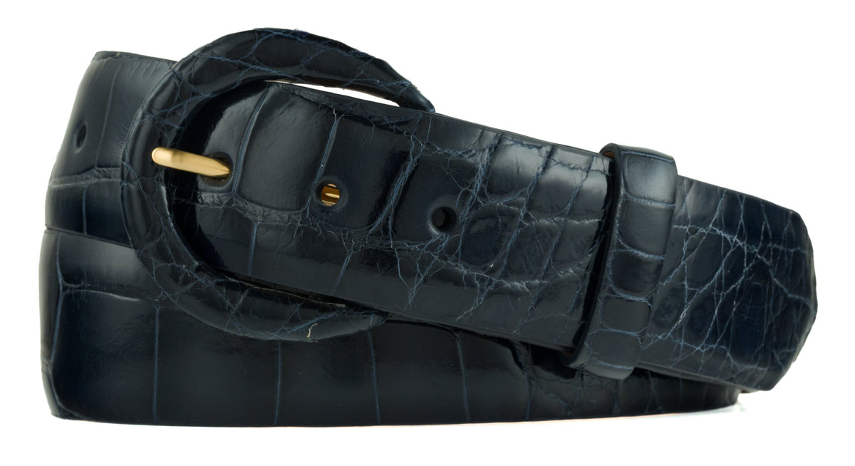 1-1/2" Glazed Alligator Belt with Covered Crescent Buckle - Navy
