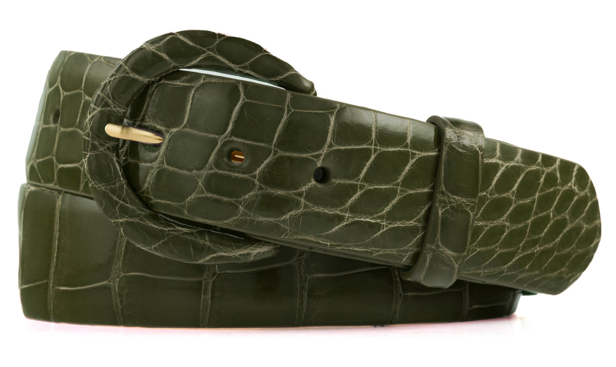1-1/2" Glazed Alligator Belt with Covered Crescent Buckle - Olive
