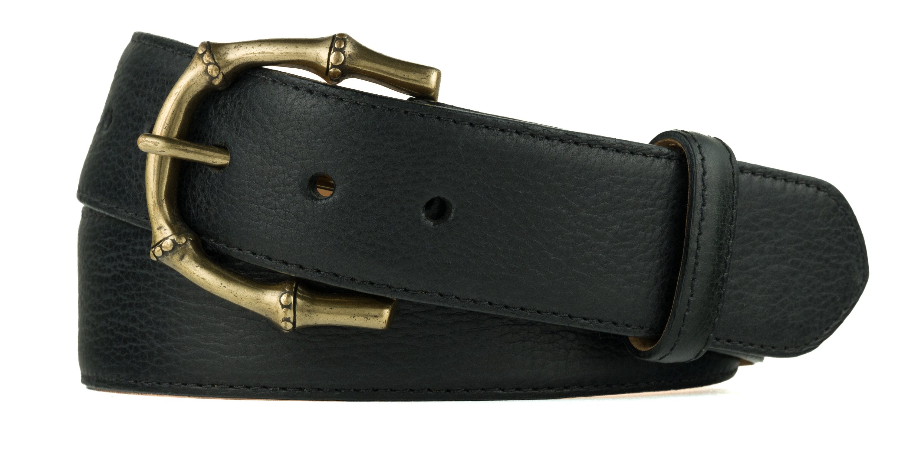 Pebbled Bison Belt with Antique Brass Buckle - Black