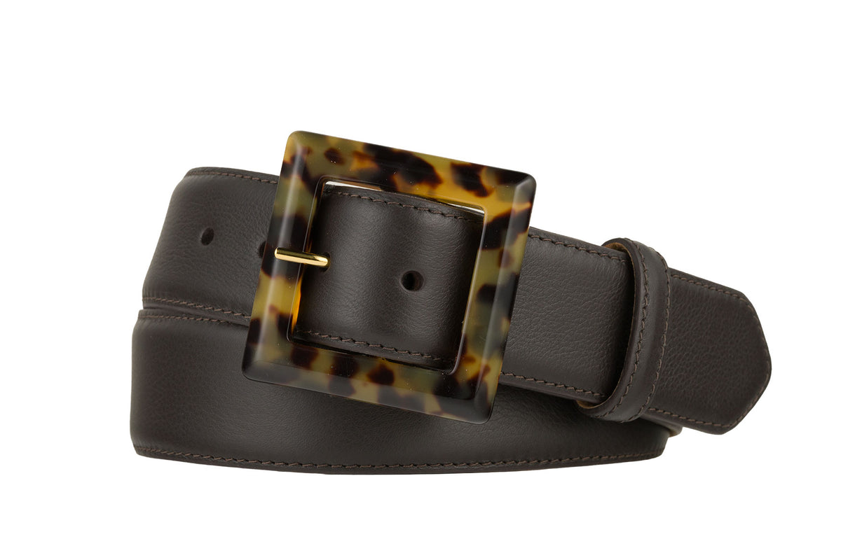 Semi-Matte Calf Belt with Square Tortoise Buckle