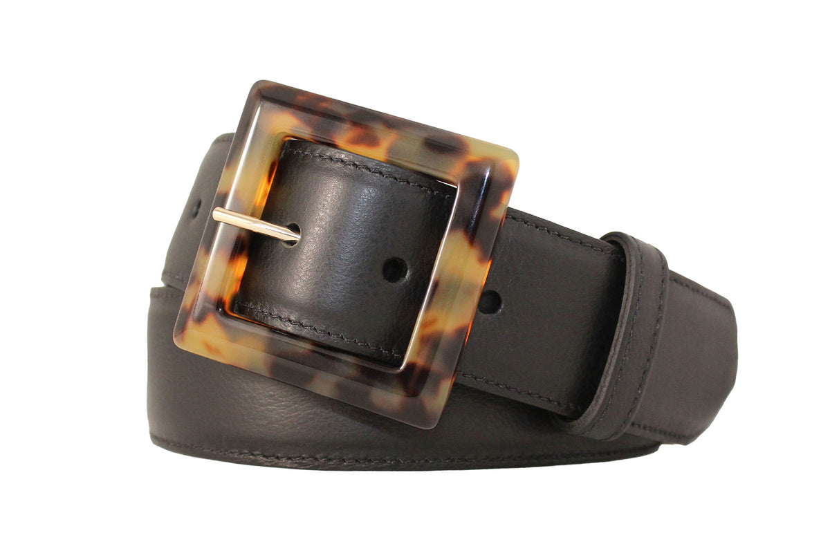 Semi-Matte Calf Belt with Square Tortoise Buckle