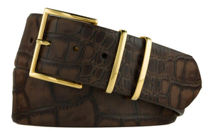 Italian Embossed Crocodile Belt with Gold Buckle and Two Keepers