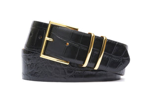 Italian Embossed Crocodile Belt with Gold Buckle and Two Keepers