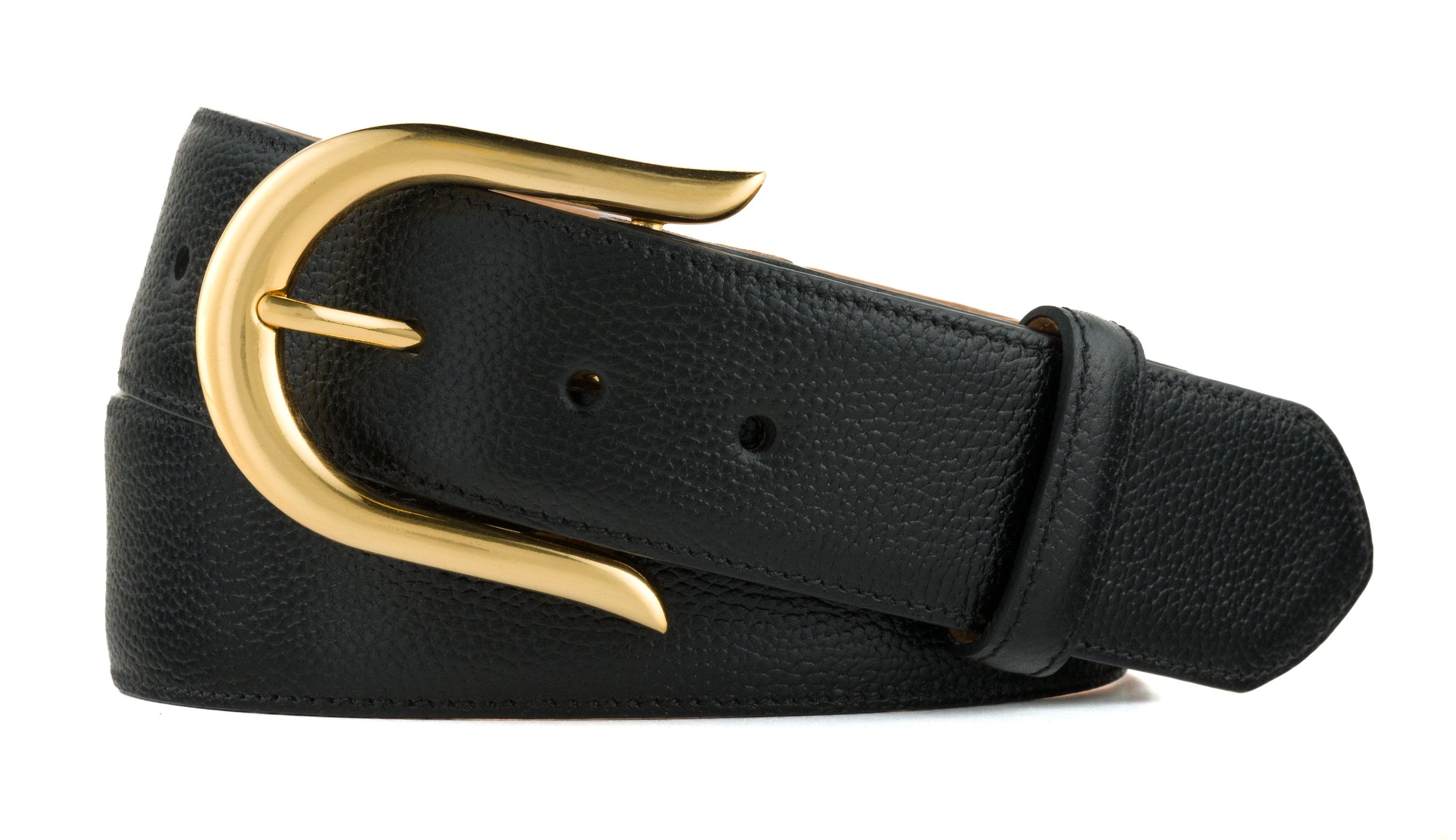 Pebbled Calf Belt with Brushed Gold Buckle - Black