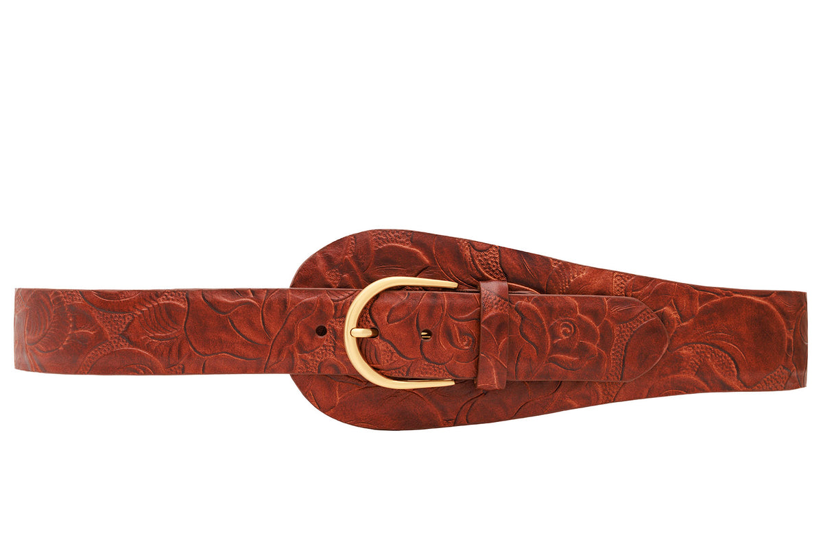 Moab Tooled Calf Tapered Belt with Large Tab and Brushed Gold Buckle