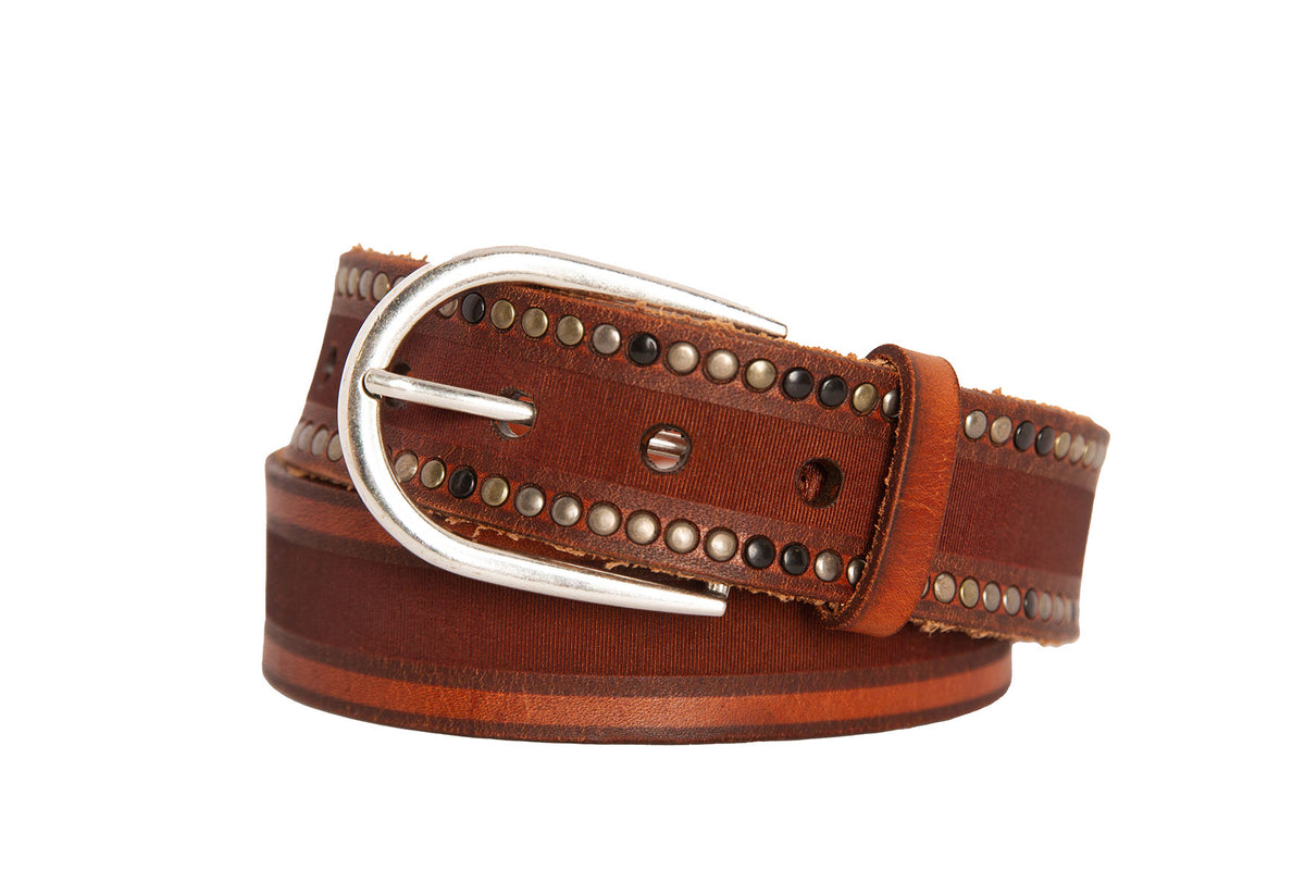 Italian Center Skived Rivet Calf Belt with Antique Silver Buckle