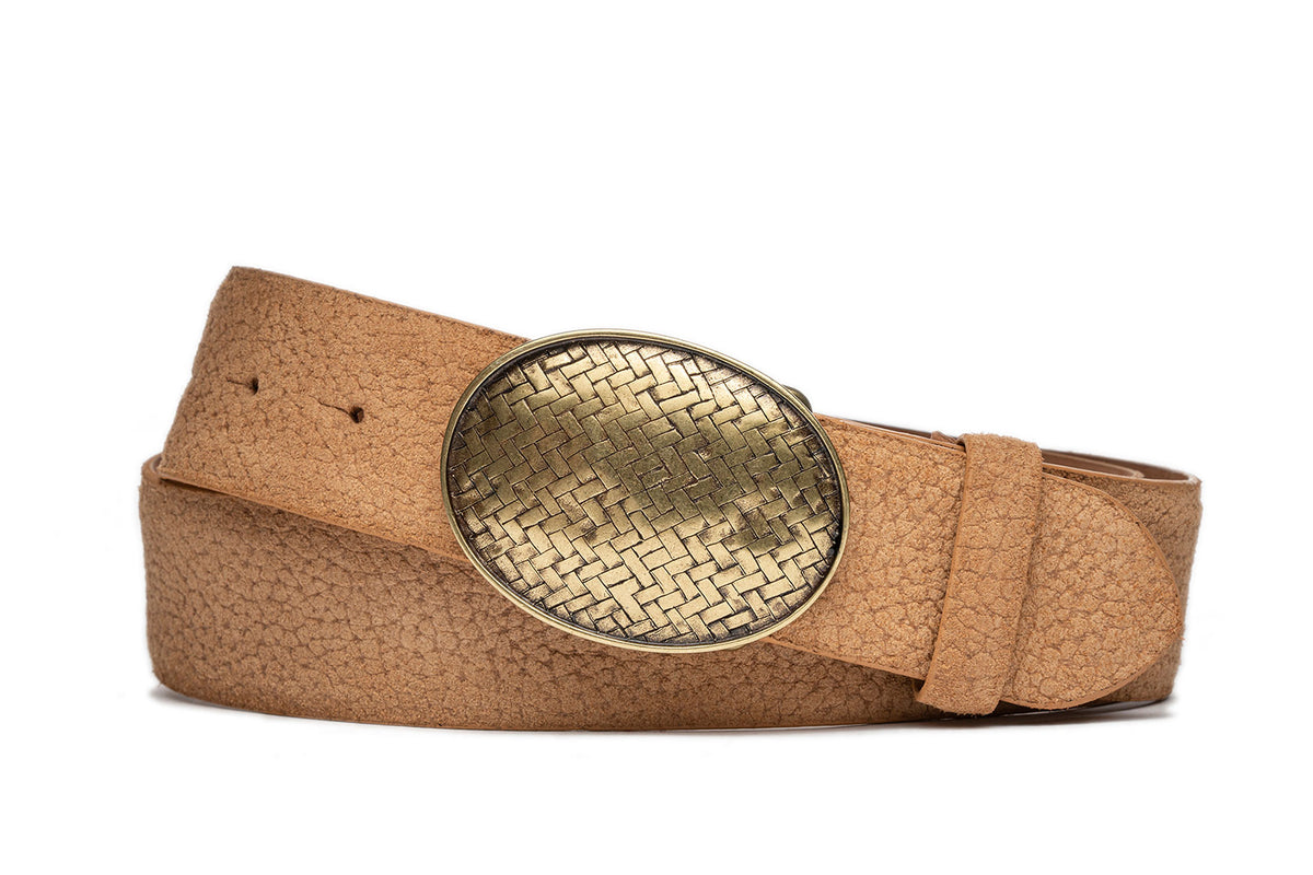 Pebbled Suede Calf Belt with Antique Brass Plaque Buckle