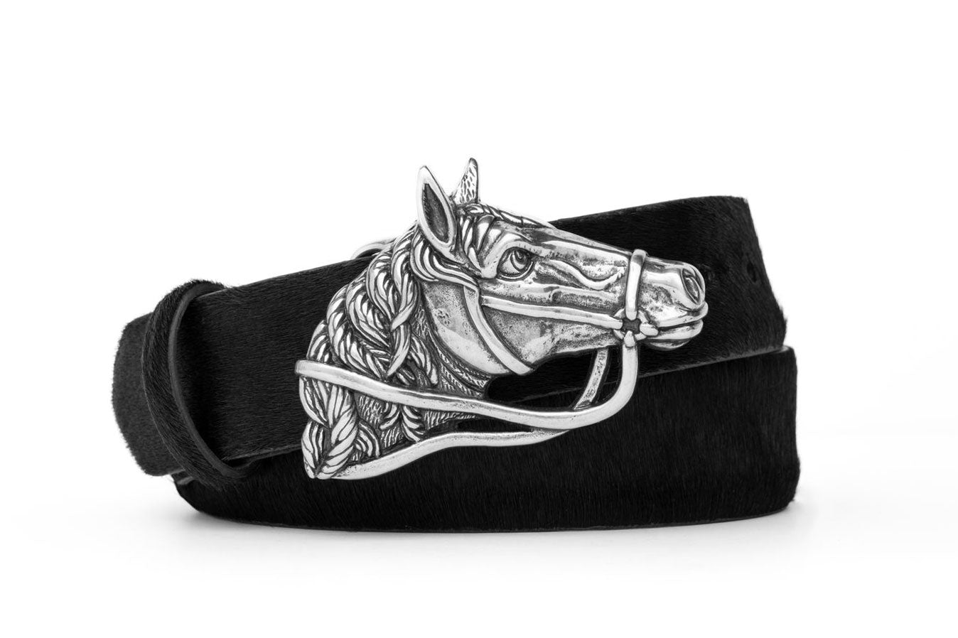 Calf Hair Belt with Nickel Horse Buckle