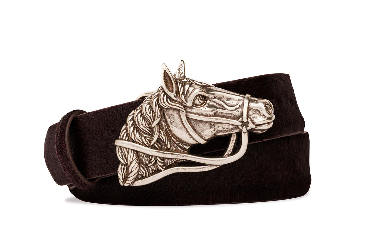 Calf Hair Belt with Nickel Horse Buckle