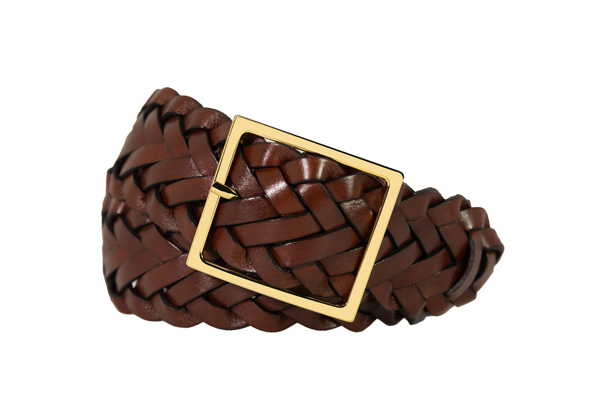 Classic Braided Calf Belt with Square Gold Buckle
